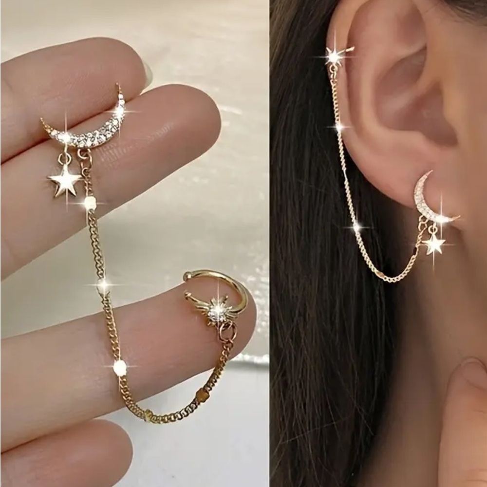 Gold Moon & Star Chain Ear Cuff - Delicate Gold Earrings